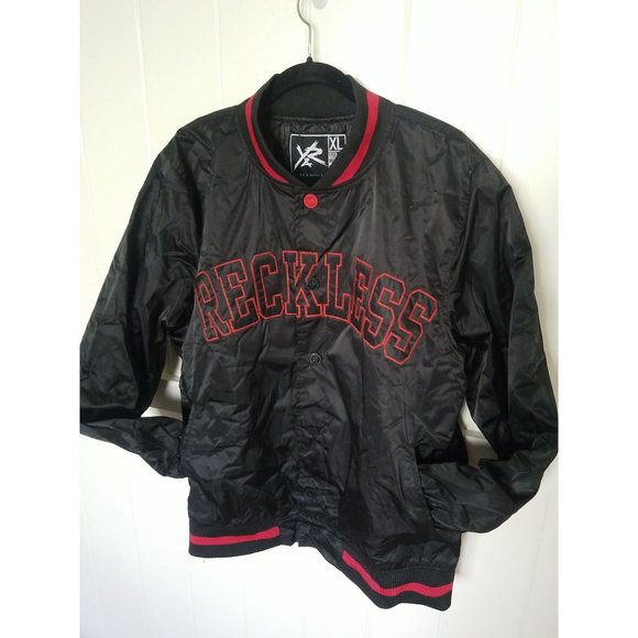 YOUNG & RECKLESS EMBROIDERED SPELL OUT VARSITY JACKET Mens XL Black Red - Picture 1 of 7